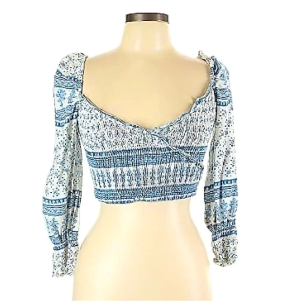 ZARA ruched printed cropped long sleeve Blouse Size S